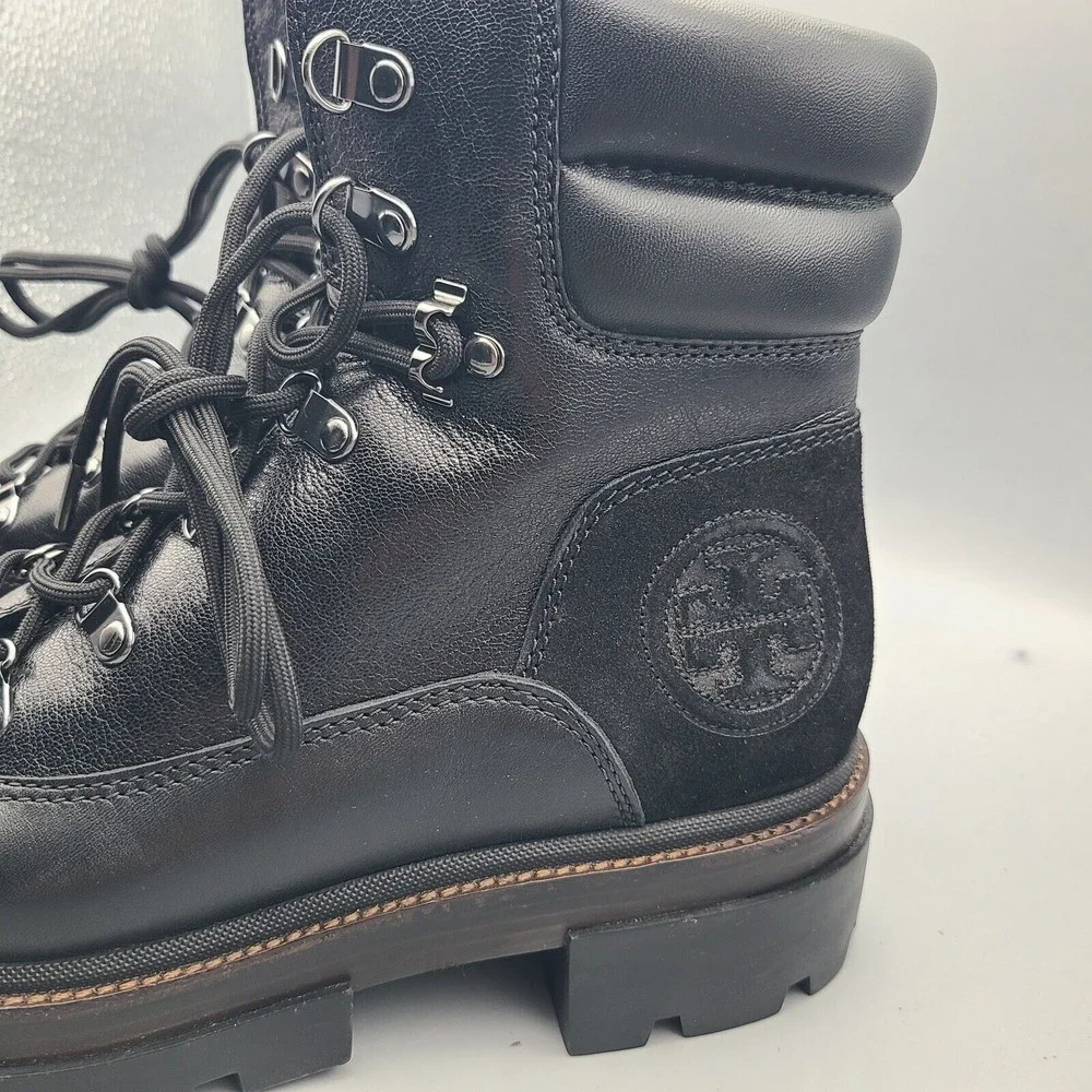 Tory Burch Women Boots Miller Lug Hiker Combat Black Lace Leather Logo 9.5 New